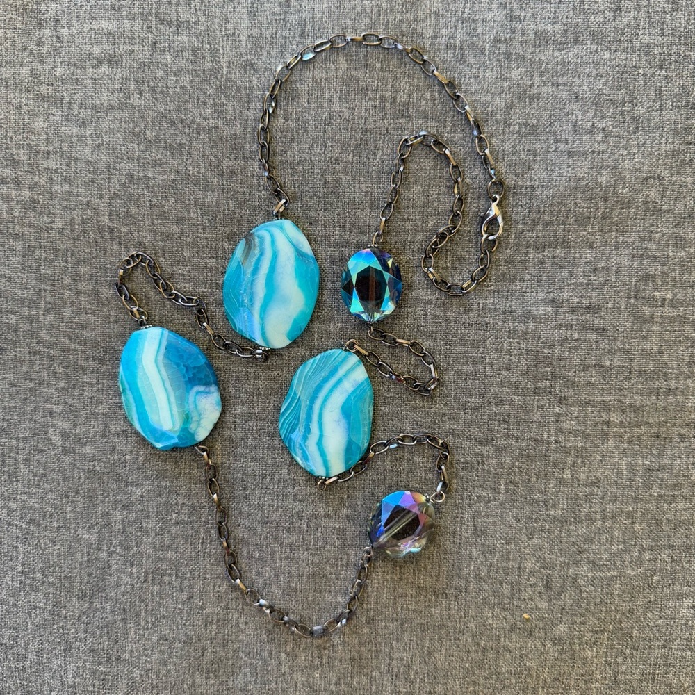 Dyed Agate Necklace Blue With White Striations Coupled With Blue Crystals Boho